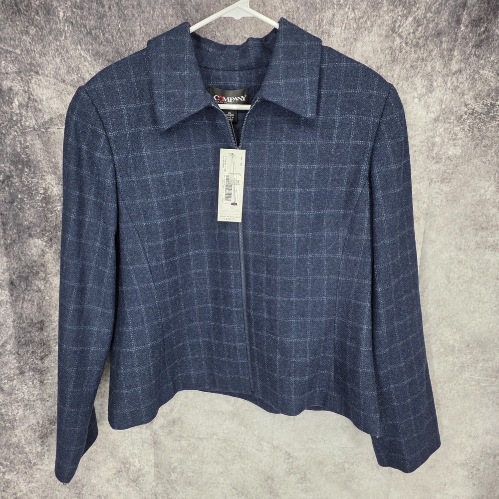 Company Ellen Tracy Jacket Womens 14 Blue Windowpane Full Zip Wool New With Tag
